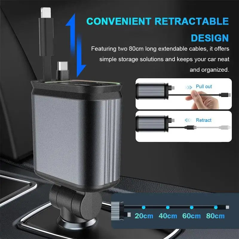 Cargador de coche 4 en 1 con luz ambiente - Cargador de coche retráctil con cable de carga y 2 puertos, cargador de coche universal.