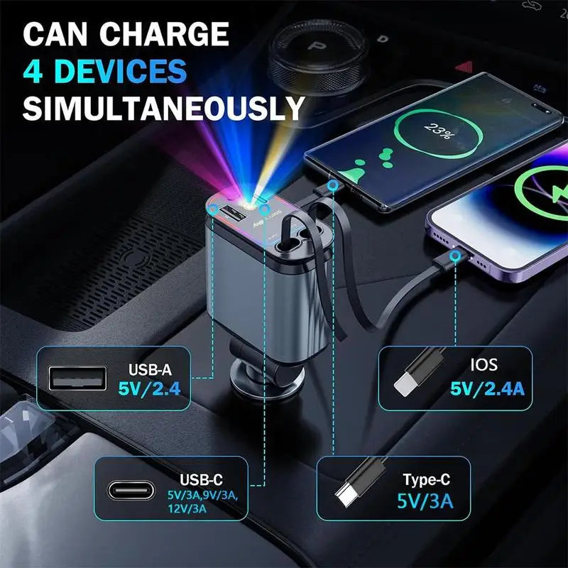 Cargador de coche 4 en 1 con luz ambiente - Cargador de coche retráctil con cable de carga y 2 puertos, cargador de coche universal.