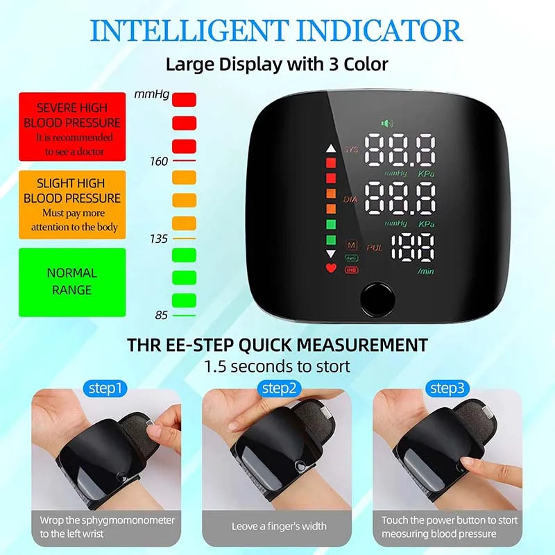 Monitor de Presión Arterial de Muñeca con Pantalla LED y Medición Rápida -  Tensiómetro digital Frecuencia cardíaca