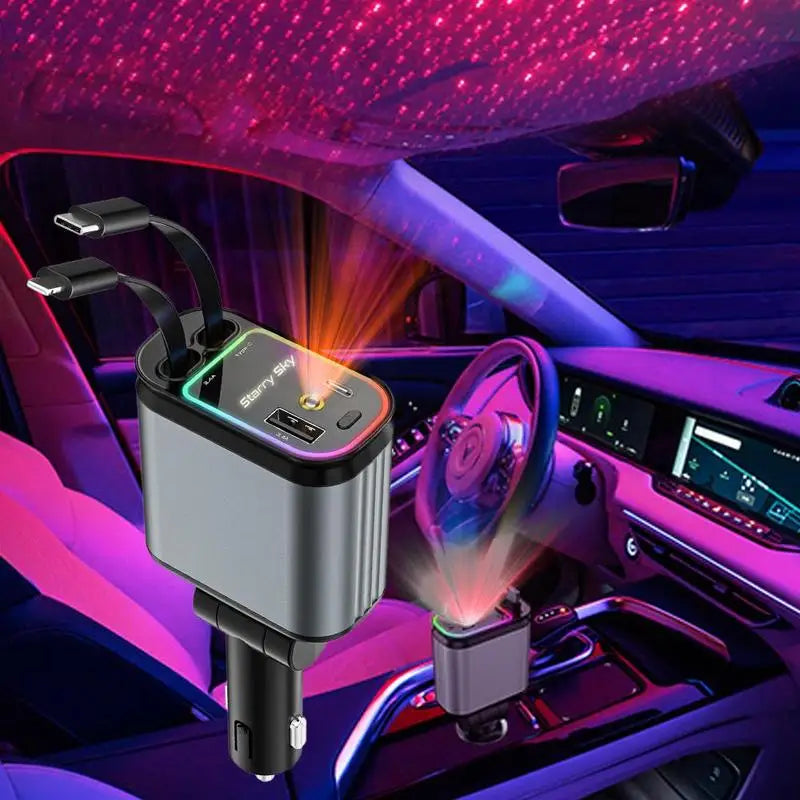Cargador de coche 4 en 1 con luz ambiente - Cargador de coche retráctil con cable de carga y 2 puertos, cargador de coche universal.